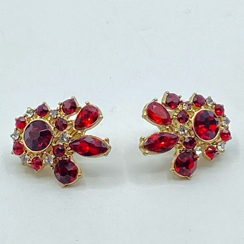 Vintage TJG Gold Tone Ruby Red Clear Rhinestone Clip On Earrings Marquise Round